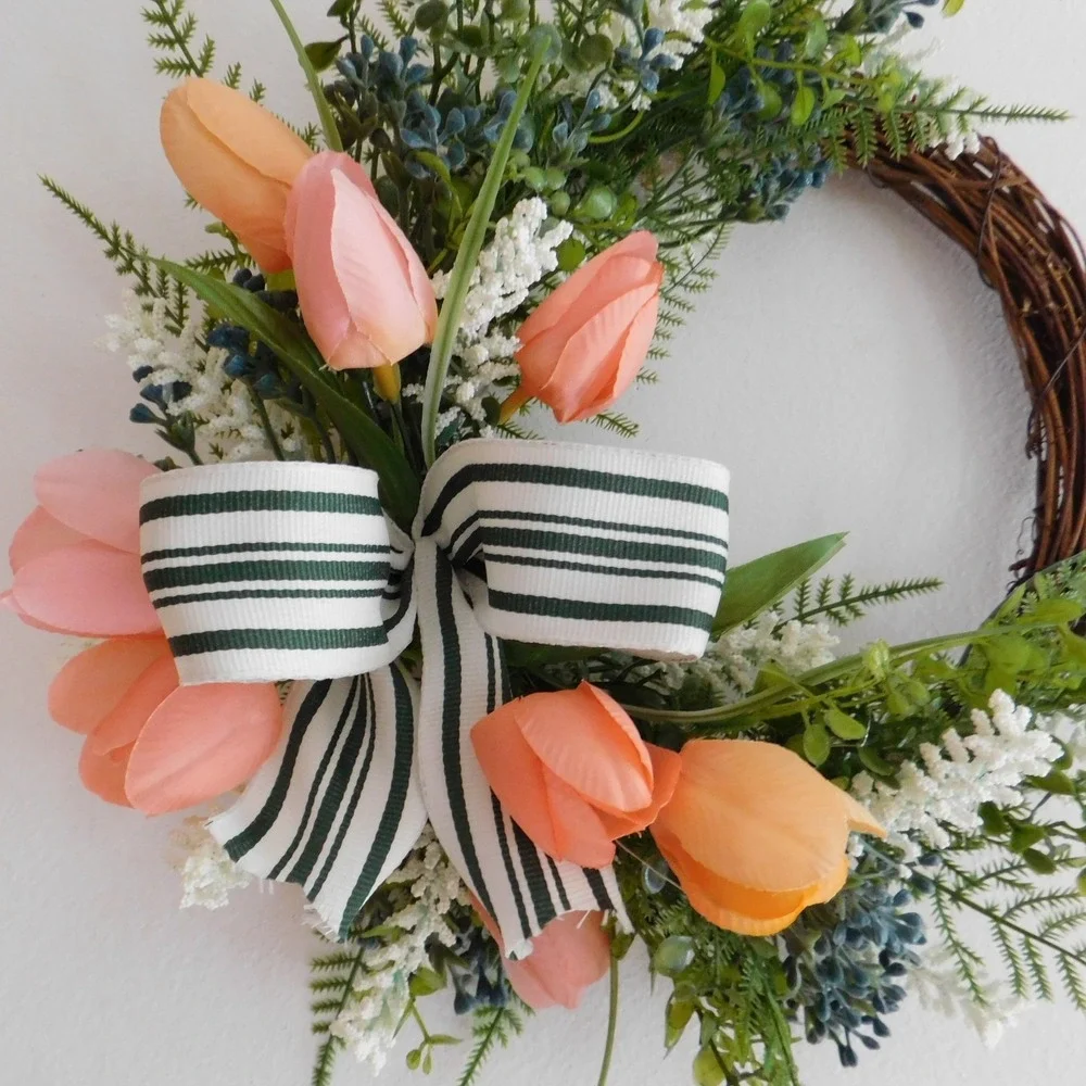 Artificial Spring Tulip Mini Greenry Wreath Berries Ferns‎ Housewarming Gift